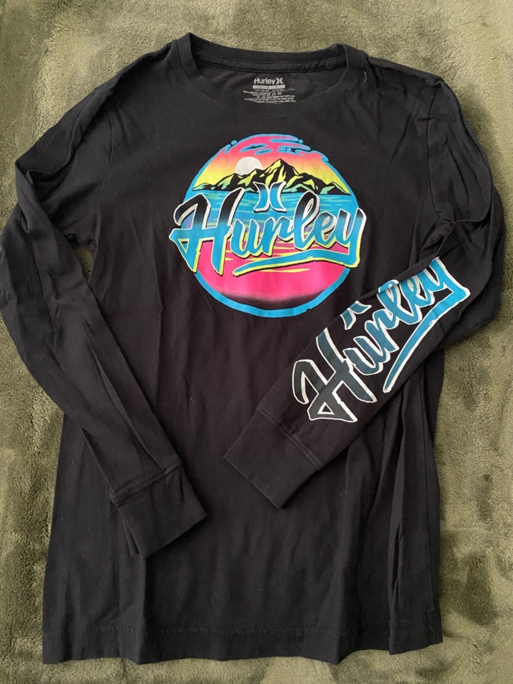Hurley Black Long Sleeve Tee with Neon Mountain Logo
